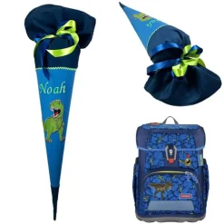 Schultüte Dinosaurier, Zuckertüte blau mit Namen bestickt, aufwendige Stoff-Schultüte