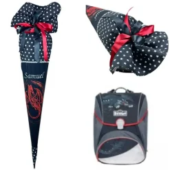 Schultüte Drache, Zuckertüte mit Namen bestickt, aufwendige Stoff-Schultüte, in zwei Farben erhältlich