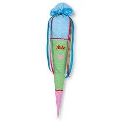 Schultüte Mädchen, Stoffschultüte mit Herz in Hellgrün, Blau und Rosarot mit langen Schleifenbändern