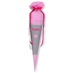 Schultüte Mädchen, Stoffschultüte mit Herz in Rosa und Grau mit langen Schleifenbändern