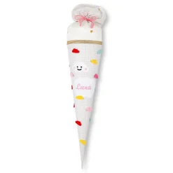Schultüte Mädchen, Stoffschultüte mit Wolken Weiß Gold, Schultüte aus Stoff, Schultüte mit Namen