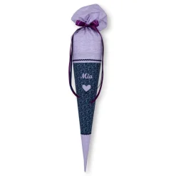 Schultüte Mädchen, Stoffschultüte mit Herz in Flieder und Dunkelblau mit langen Schleifenbändern