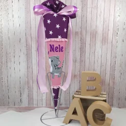 Schultüte mit Name und Katze | Violett Sterne/rosa | Einschulung | Zuckertüte | Schultütenkissen