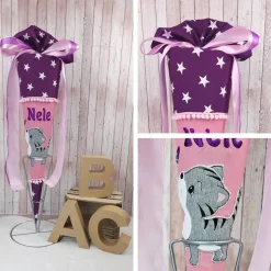 Schultüte mit Name und Katze | Violett Sterne/rosa | Einschulung | Zuckertüte | Schultütenkissen