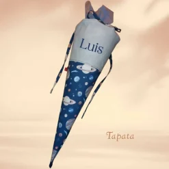 Schultüte mit Namen / Vorschultüte mit Namen, Geschwister Schultüte - Weltraum blau braun