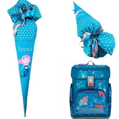 Schultüte Nixe, Zuckertüte türkis mit Namen bestickt, aufwendige Stoff-Schultüte