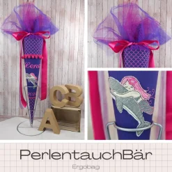 Schultüte passend zum Ranzen PerlentauchBär von Ergobag | mit Tüll | Zuckertüte 70 cm bestickt | Einschulung