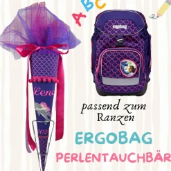 Schultüte passend zum Ranzen PerlentauchBär von Ergobag | mit Tüll | Zuckertüte 70 cm bestickt | Einschulung
