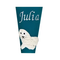 Schultüte Seehund in petrol, Schultüte Stoff, Stoff-Schultüte mit Namen bestickt
