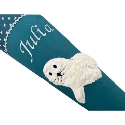 Schultüte Seehund in petrol, Schultüte Stoff, Stoff-Schultüte mit Namen bestickt