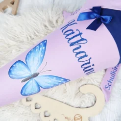 Schultüte Stoff + Tüll Schmetterling Flieder Dunkelblau  70cm 85cm   *personalisierbar und mit Kisseninlet