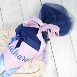 Schultüte Stoff + Tüll Schmetterling Flieder Dunkelblau  70cm 85cm   *personalisierbar und mit Kisseninlet