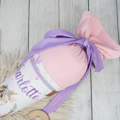 Schultüte Stoff Blumen Hase Herzen Rosa Flieder 70cm 85cm   *personalisierbar und mit Kisseninlet