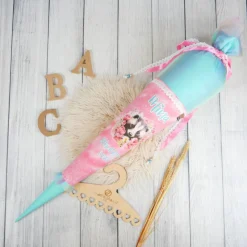 Schultüte Stoff Dachs Türkis Rosa Pink  mit Tüll 70cm 85cm   *personalisierbar und mit Kisseninlet