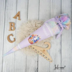 Schultüte Stoff Einhorn im Blumenkorb Flieder Holo Glitzer 70cm 85cm   *personalisierbar und mit Kisseninlet