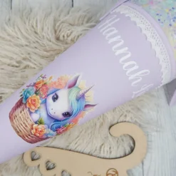 Schultüte Stoff Einhorn im Blumenkorb Flieder Holo Glitzer 70cm 85cm   *personalisierbar und mit Kisseninlet