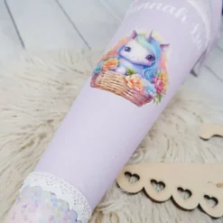 Schultüte Stoff Einhorn im Blumenkorb Flieder Holo Glitzer 70cm 85cm   *personalisierbar und mit Kisseninlet