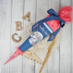 Schultüte Stoff Einhorn Rauchblau Koralle mit Tüll 70cm 85cm   *personalisierbar und mit Kisseninlet