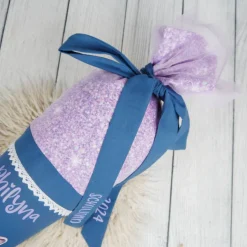 Schultüte Stoff Hase Rauchblau Flieder mit Tüll 70cm 85cm   *personalisierbar und mit Kisseninlet