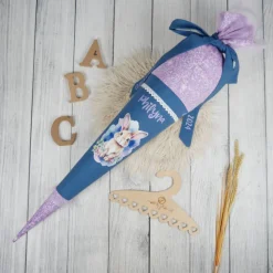Schultüte Stoff Hase Rauchblau Flieder mit Tüll 70cm 85cm   *personalisierbar und mit Kisseninlet