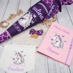Schultüte Stoff Lila Schuppen mit Einhorn Ergobag Perlentauchbär 70cm 85cm   *personalisierbar und mit Kissen