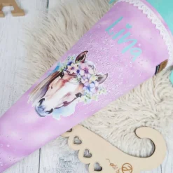 Schultüte Stoff Pferd Türkis Lila  mit Tüll 70cm 85cm   *personalisierbar und mit Kisseninlet