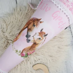 Schultüte Stoff Pferde Rosa Glitzer 70cm   *personalisierbar und mit Kisseninlet