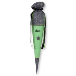 Schultüte, Stoffschultüte, Schultüte aus Stoff in Grün und Schwarz mit langen Schleifenbändern