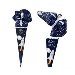 Schultüte Weltraum, Schultüte Stoff mit Rakete, Stoff-Schultüte für Jungen in dunkelblau