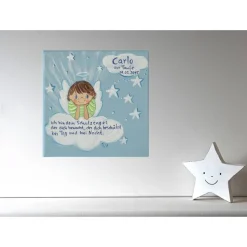 Schutzengelbild handgemalt – Taufgeschenk für Jungen – Engelbild zur Geburt & Taufe – Malerei personalisiert 20x20