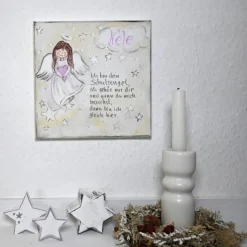 Schutzengelbild handgemalt auf Keilrahmen – Geschenk zur Taufe, Kommunion & fürs Patenkind – Mädchenzimmer Deko 20x20