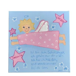 Schutzengelbild Mädchen rosa/hellblau – personalisiertes handgemaltes Geschenk zur Taufe, Geburt & Kommunion