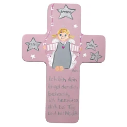 Schutzengelkreuz für Mädchen Taufkreuz Kinderkreuz , altrosa,grau , Geschenk zur Taufe / Geburt