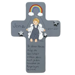 Schutzengelkreuz Junge mit Regenbogen Taufkreuz, Kinderkreuz Geschenk zur Taufe / Geburt
