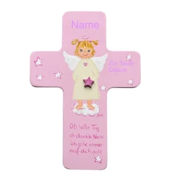Schutzengelkreuz Mädchen – Personalisiertes Taufkreuz aus Holz als Geschenk zur Taufe & Geburt