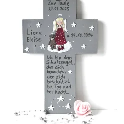 Schutzengelkreuz Mädchen – Handbemaltes Taufkreuz aus Holz als Taufgeschenk & Geburt