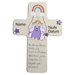 Schutzengelkreuz Mädchen  mit Regenbogen Taufkreuz, Kinderkreuz Geschenk zur Taufe / Geburt