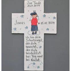 Schutzengelkreuz Taufgeschenk Junge – Personalisiertes Holzkreuz 22 x 14 cm handbemalt