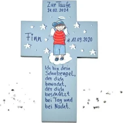 Schutzengelkreuz Taufgeschenk Junge – Personalisiertes Holzkreuz 22 x 14 cm handbemalt