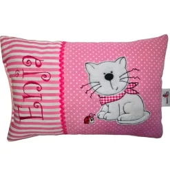 Süße Katze mit Marienkäfer & Namen  - Personalisierte Kissen, Geschenk zur Geburt, Kissen mit Namen, Namenskissen