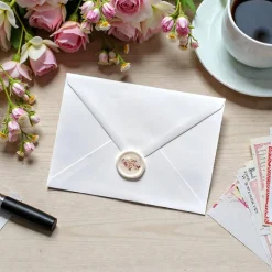 Selbstklebende Wachssiegel mit echten Rosenblüten & Goldflocken – 10 Unikate, handgefertigt, perlmuttweiß, 3cm