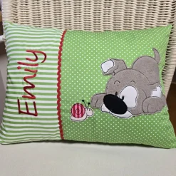 Süßer Hund mit Schnecke - Name & Geburtsdatum, Personalisierte Kissen, Namenskissen, Geschenk zur Geburt