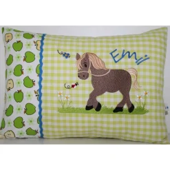 Süßes Pferdchen Braun auf der Blumenwiese und Namen - Personalisierte Kissen, Namenskissen, Geschenk zur Geburt