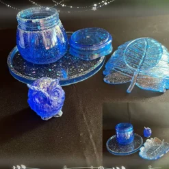 Set aus Schale  Eule und Dose mit Schraubdeckel auf einem runden Tablett