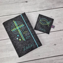 Set Gotteslobhülle, Gotteslobeinband Kreuz Kreise mit Rosenkranztasche türkis mit grün, Kommunion