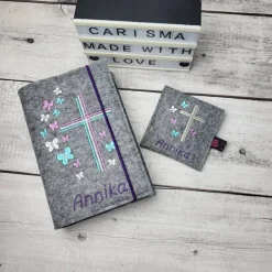 Set Gotteslobhülle Schmetterlinge mit Rosenkranztasche Lilatöne