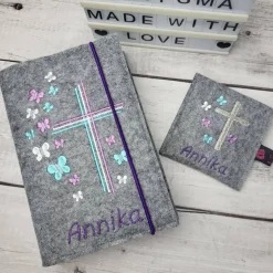 Set Gotteslobhülle Schmetterlinge mit Rosenkranztasche Lilatöne