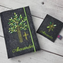 Set Gotteslobhülle,Gotteslobeinband Lebensbaum mit Rosenkranztasche grüntöne, Kommuinon