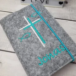 Set Gotteslobhülle/Gotteslobeinband Doppel Kreuz mit Fische und Rosenkranztasche, Kommunion