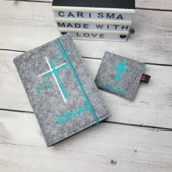 Set Gotteslobhülle/Gotteslobeinband Doppel Kreuz mit Fische und Rosenkranztasche, Kommunion